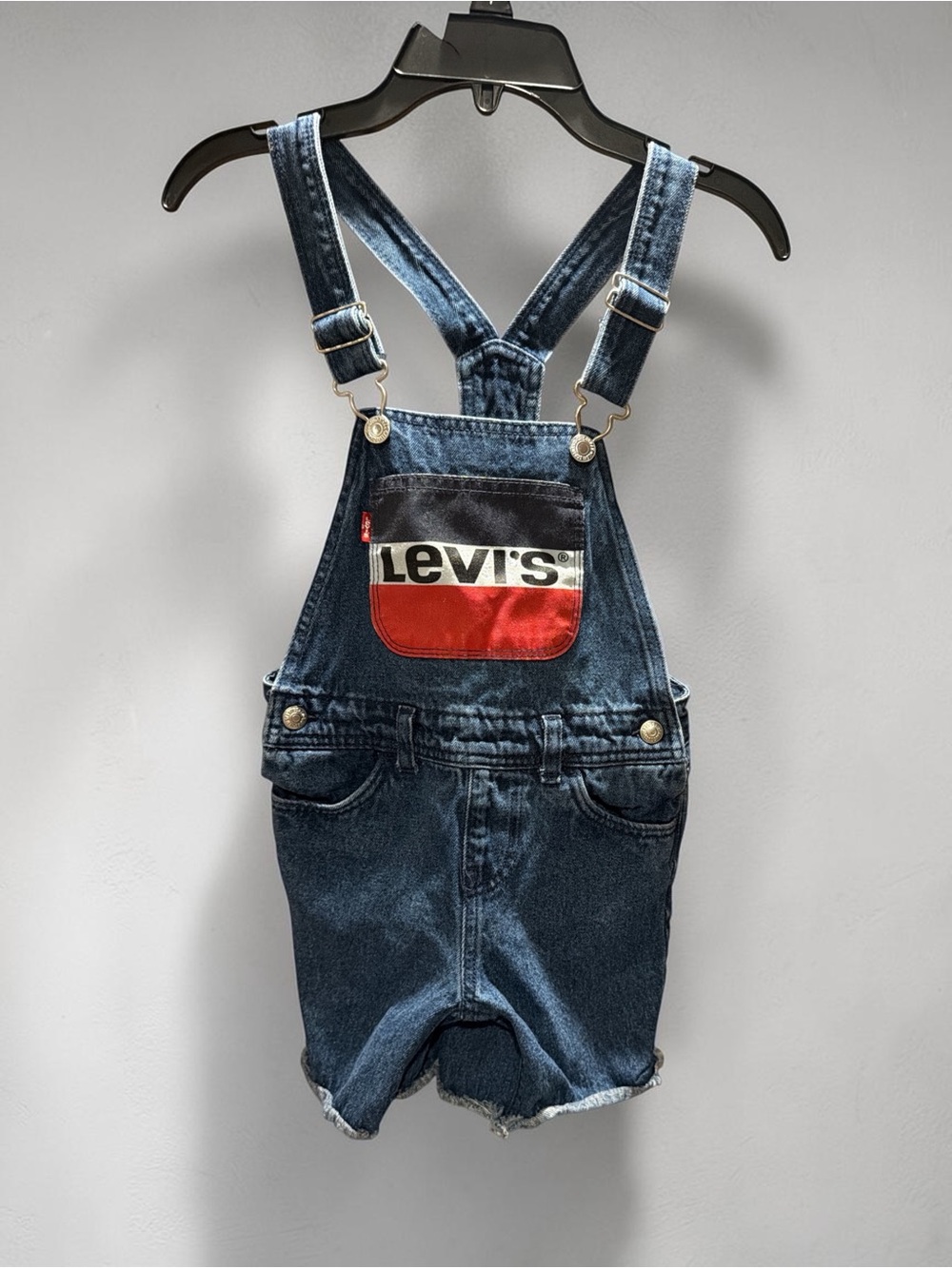 Levi's Dark Blue Denim Short Overalls with Red and Black Logo Pocket